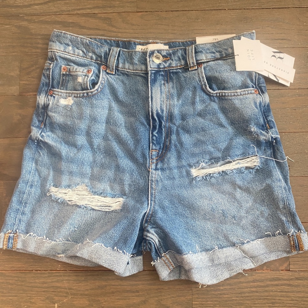Zara High Waist Distressed Denim Shorts